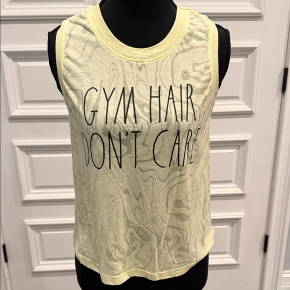 🛍️ 5/$20--Rae Dunn Yellow Tank Top - Gym Hair Don't Care - Picture 3 of 5